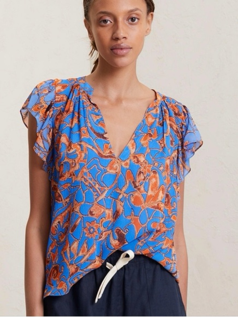 A.L.C. Electric Blue & Orange Floral V-Neck Blouse